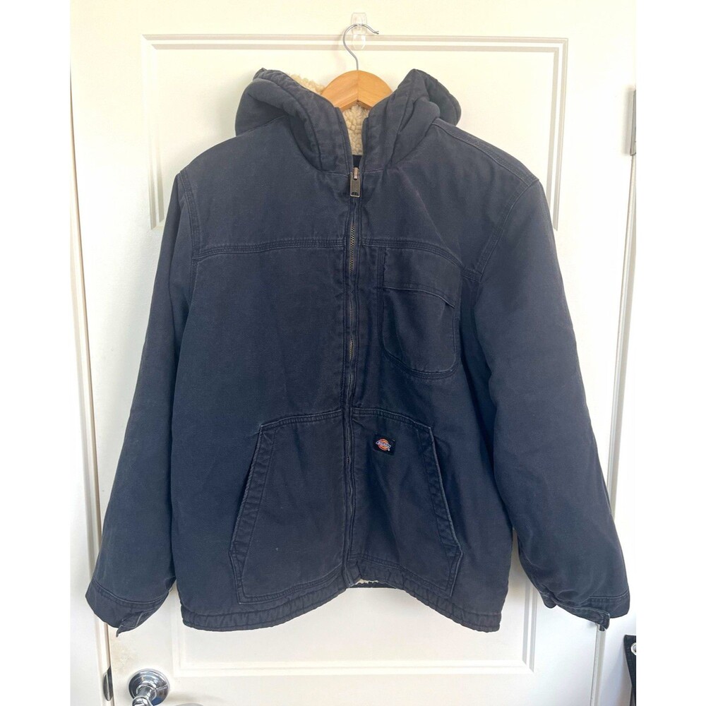 Dickies Mens Large Black Sanded Duck Canvas Sherpa Lined Hooded Work Jacket Coat